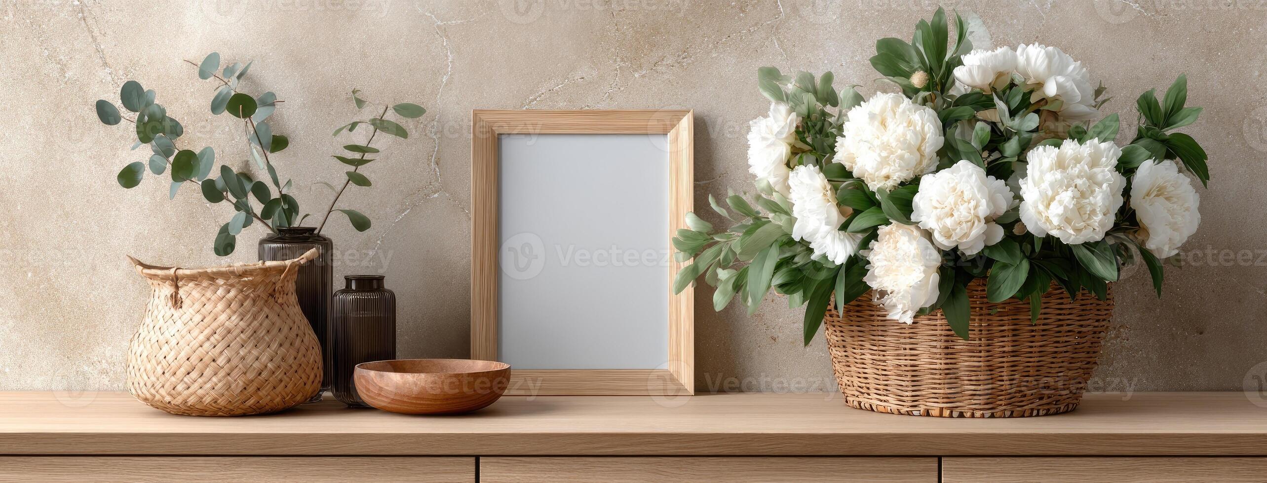 A wooden table with a vase of flowers and a frame photo
