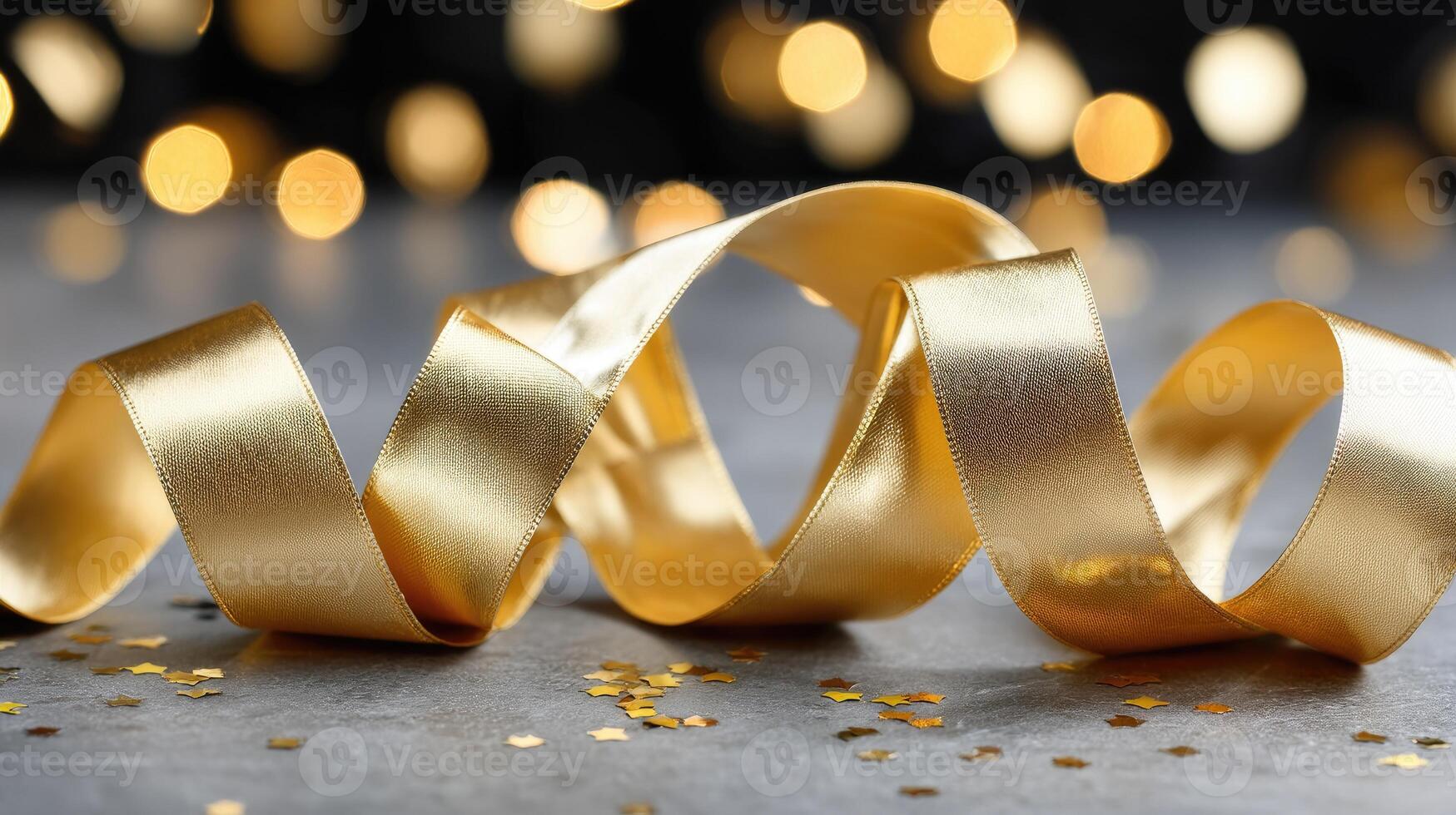 Golden ribbon on a table with a few confetti photo