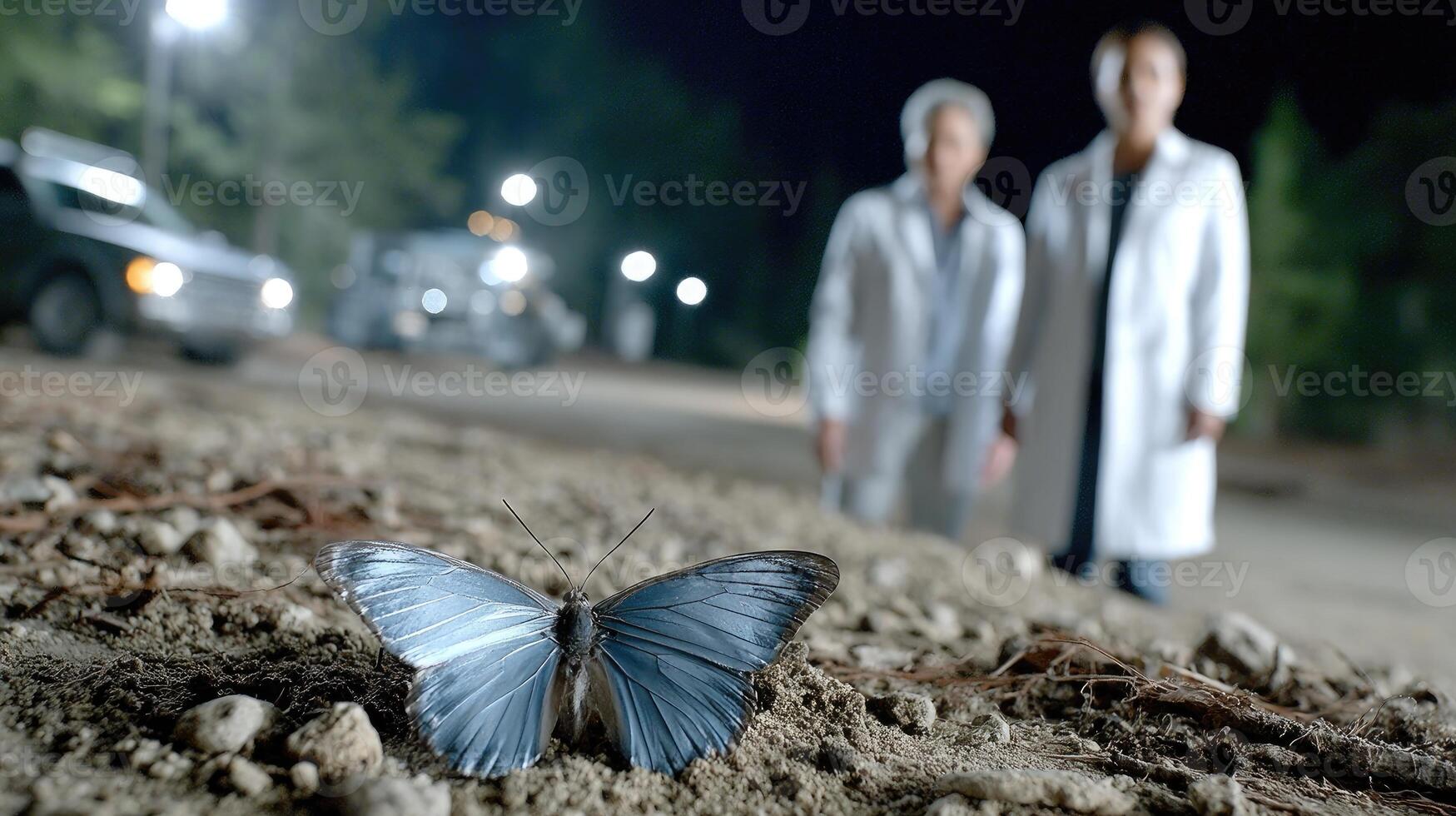 Two people standing next to a blue butterfly on the ground photo