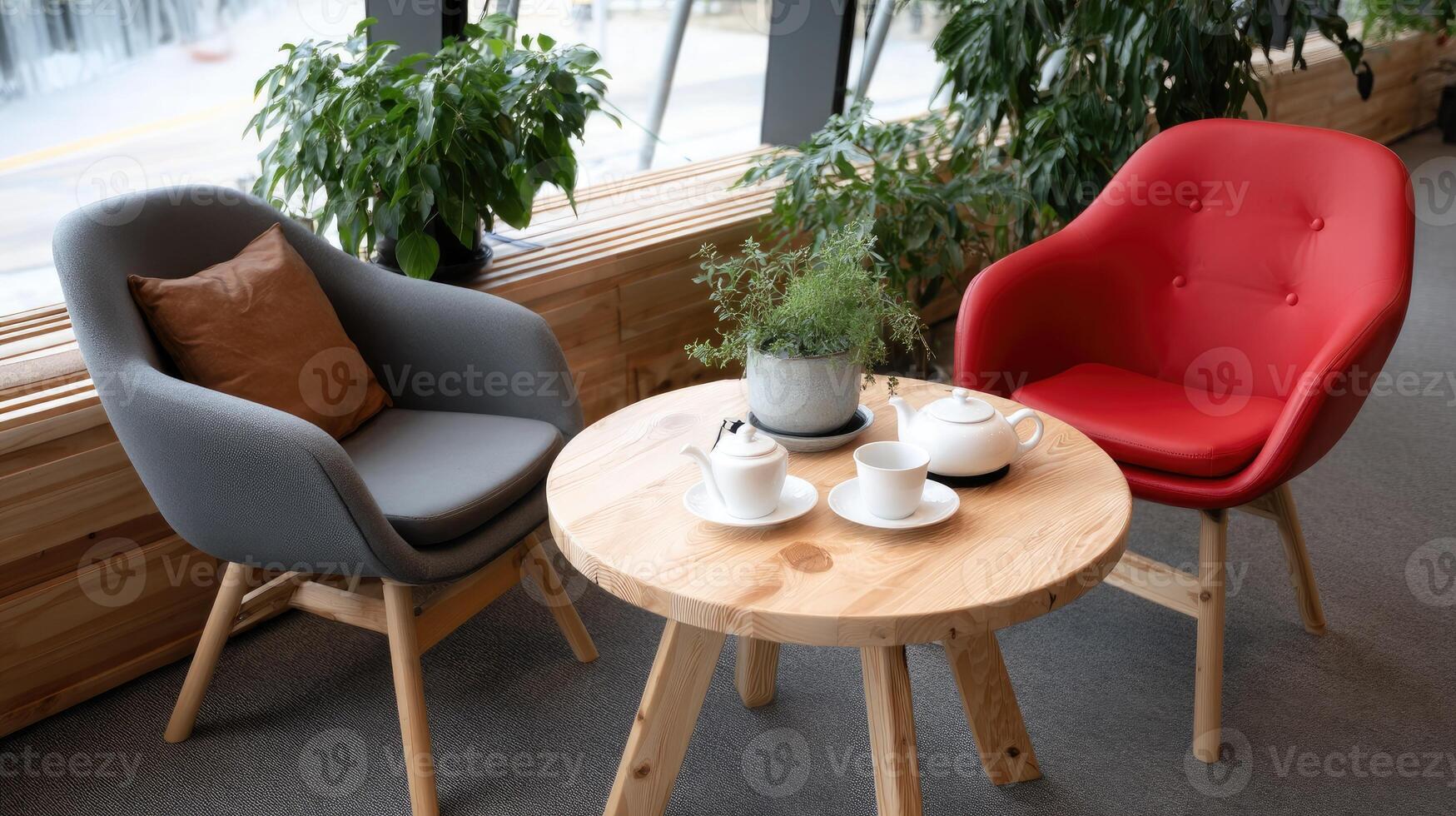 Two chairs and a table with a cup of tea photo