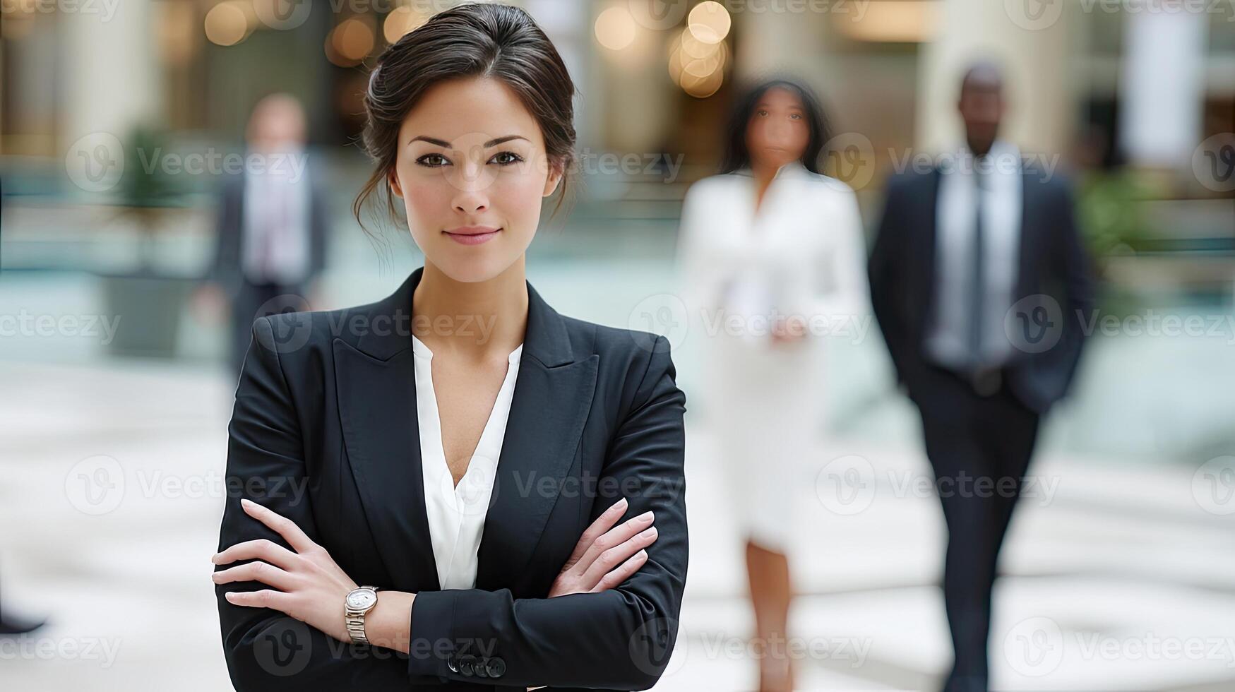 A woman in a business suit standing in front of other people photo