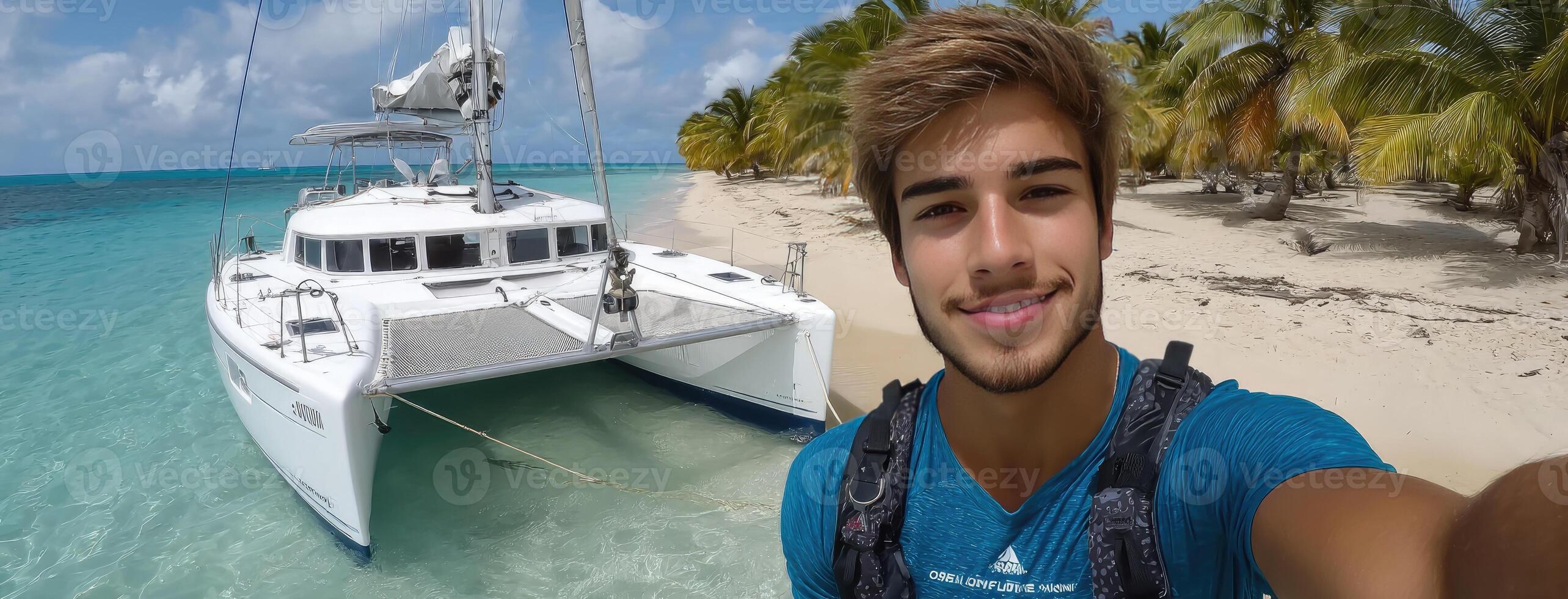 A man taking a selfie in front of a boat photo