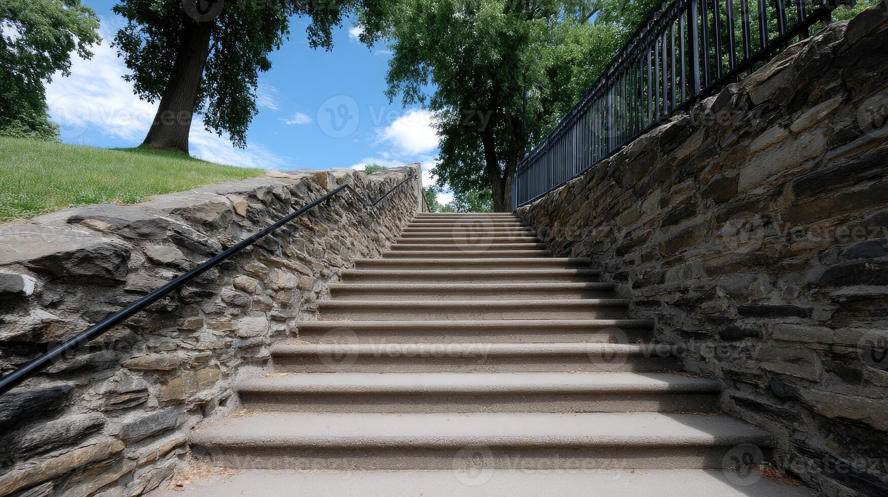Stone steps leading up to a grassy hill photo