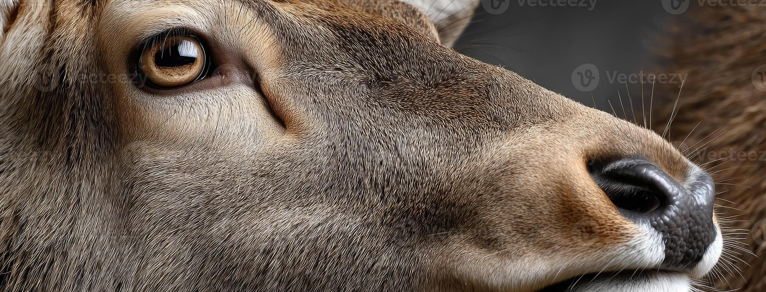 A close up of a deer's face with a black background photo