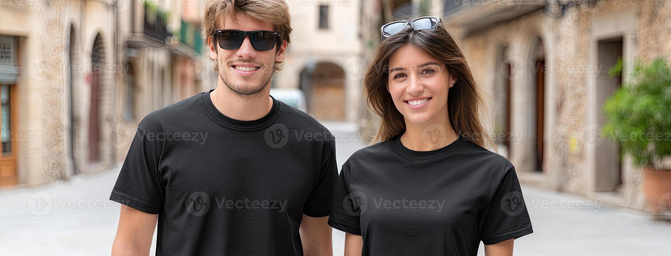 A man and woman wearing black t - shirts photo
