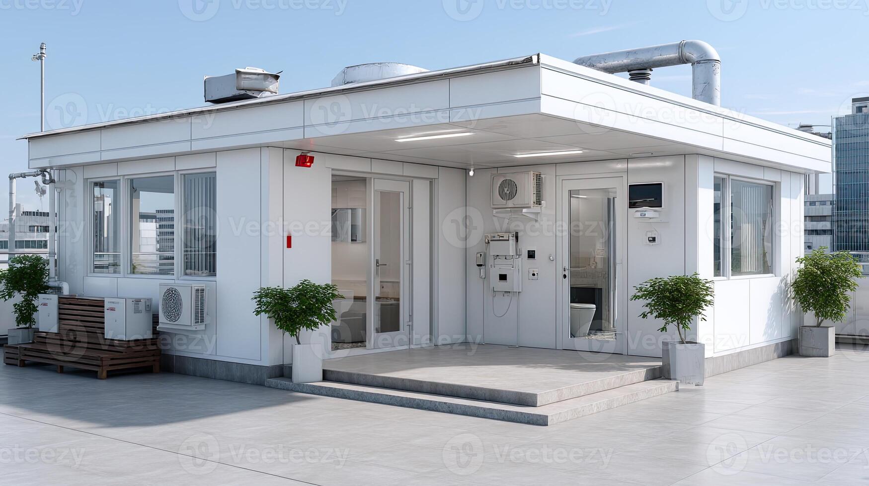 A small white building with a toilet and a window photo