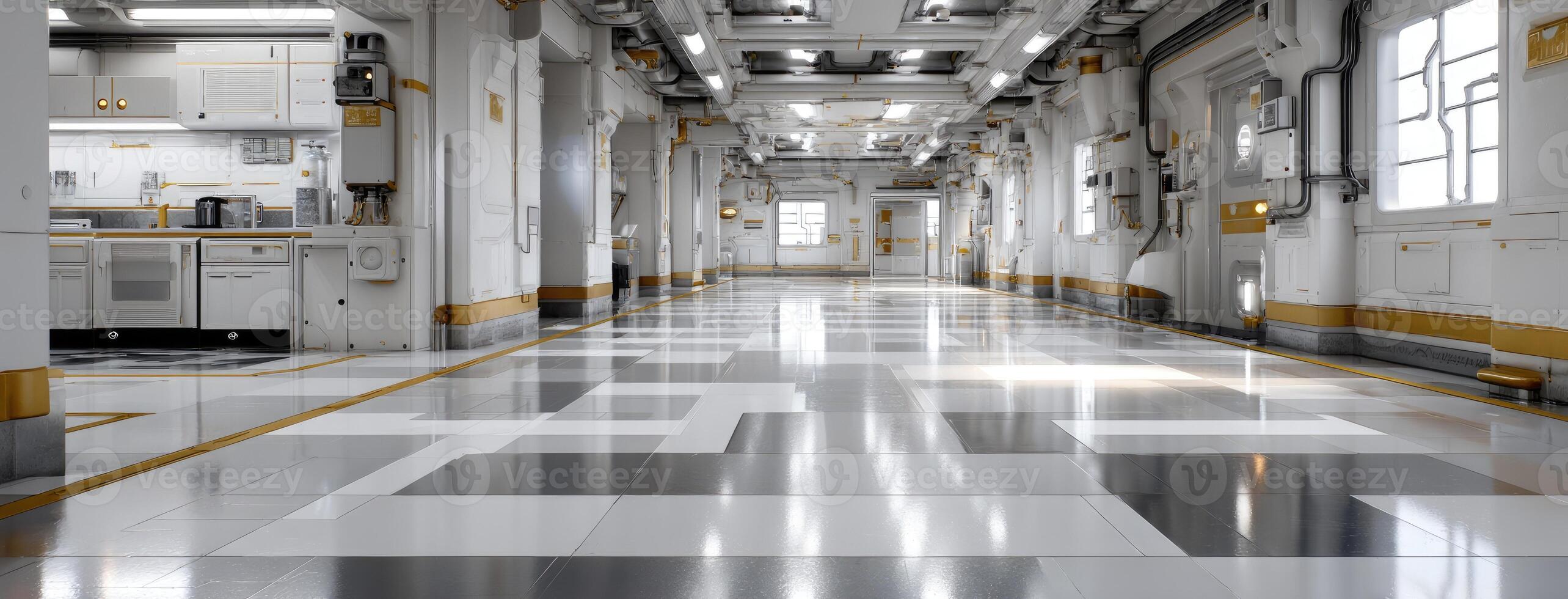 A long hallway with white walls and yellow accents photo