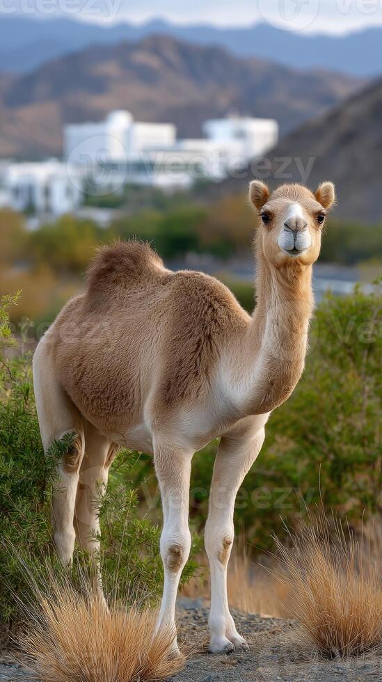 A camel standing in the middle of a field photo