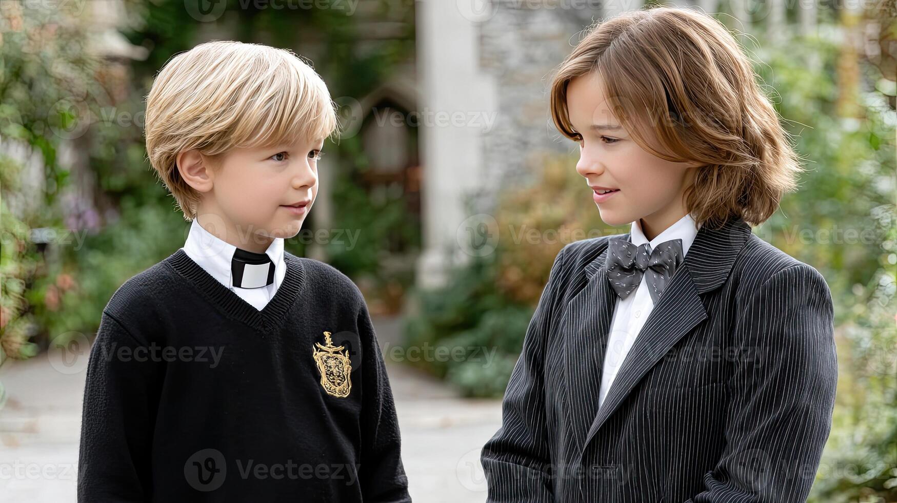 Two young boys in suits talking to each other photo