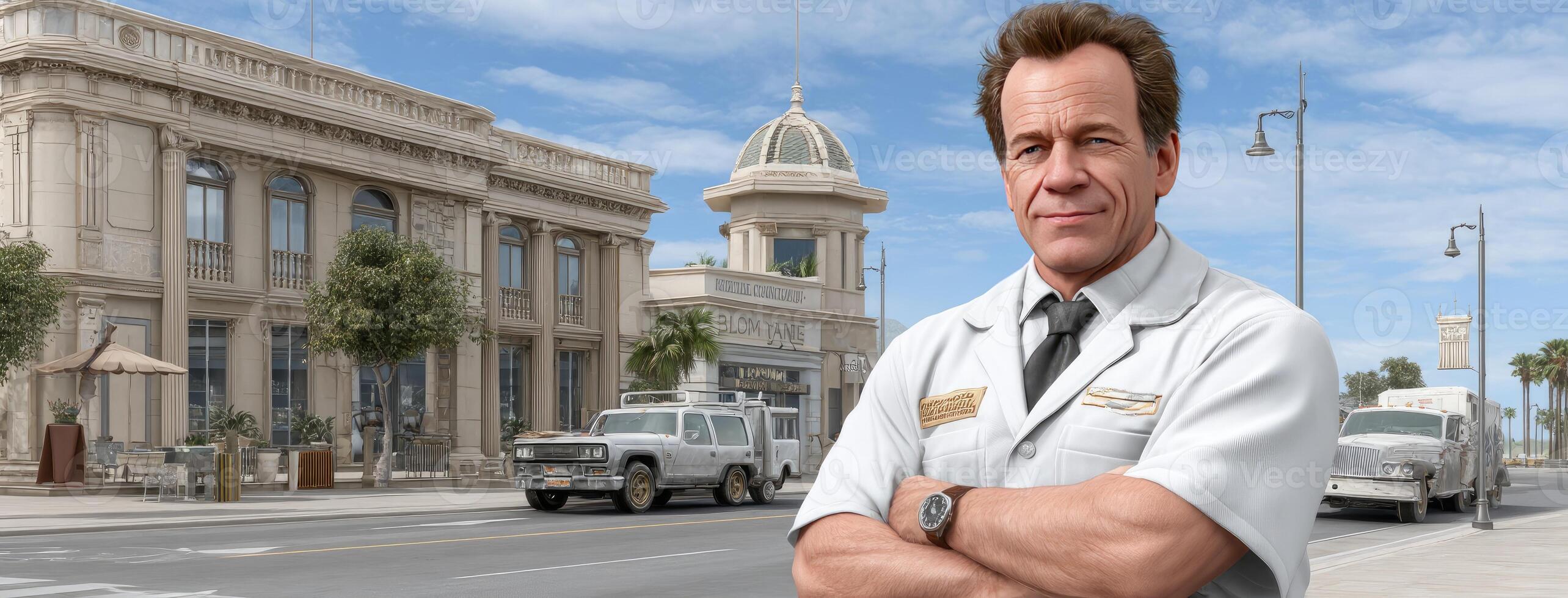 A man in a white coat standing in front of a building photo