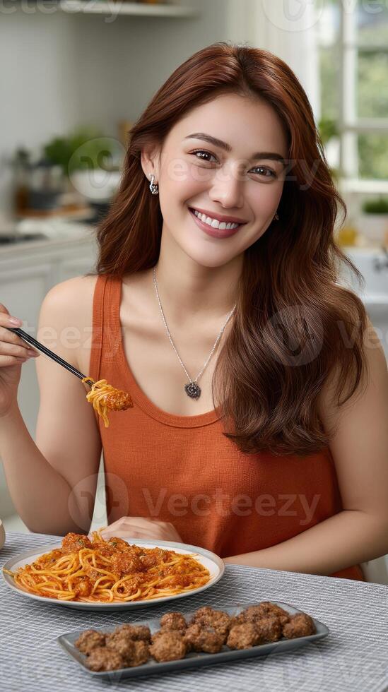 A woman sitting at a table with a plate of spaghetti photo