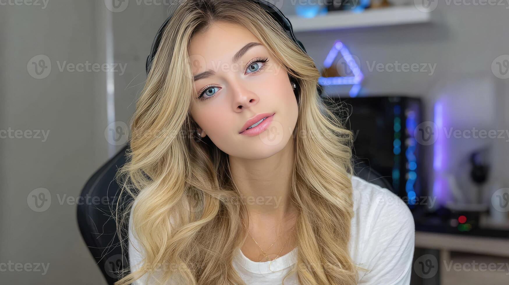 A beautiful blonde woman with headphones on photo