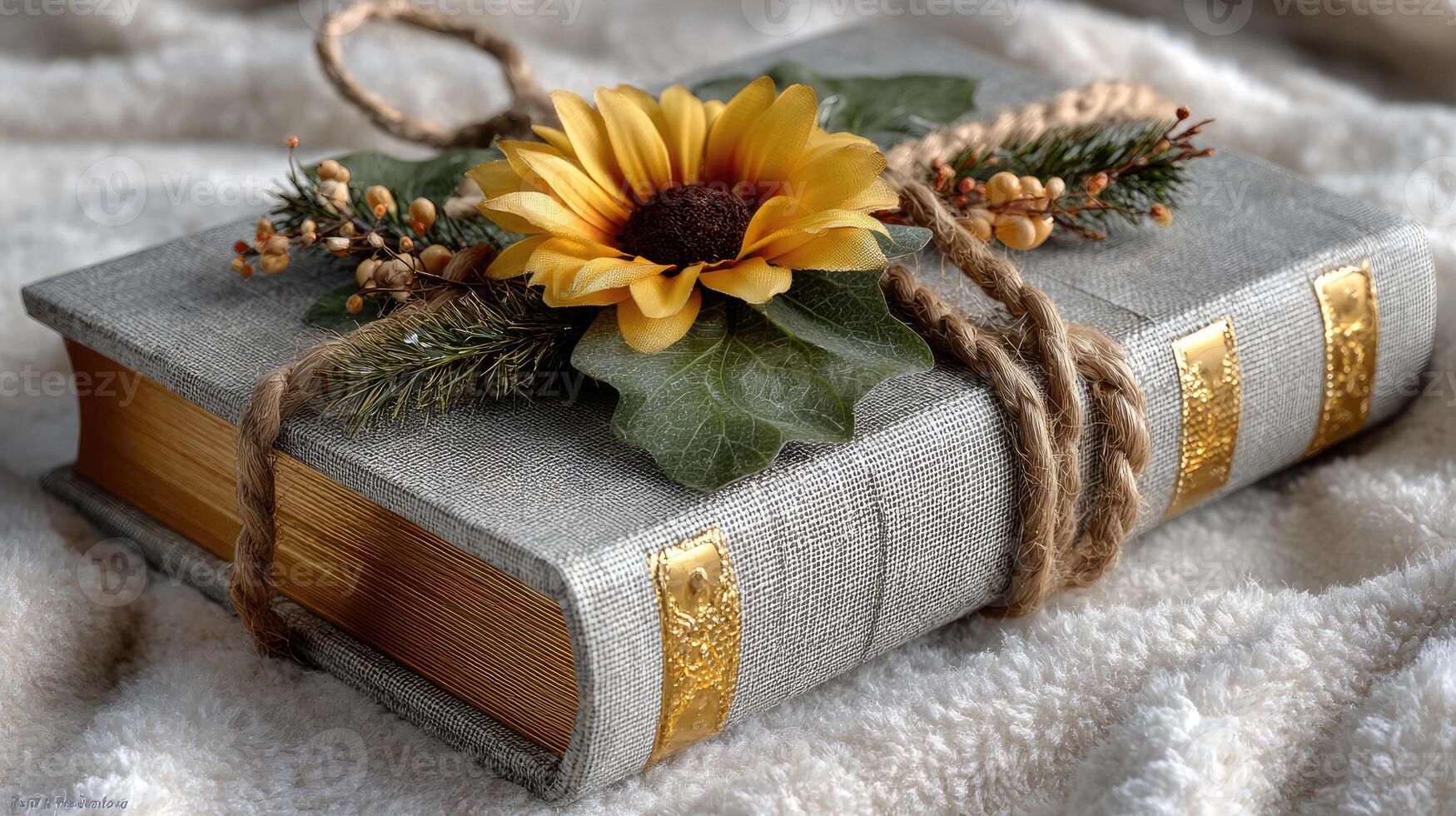 A book wrapped in twine with a sunflower on top photo