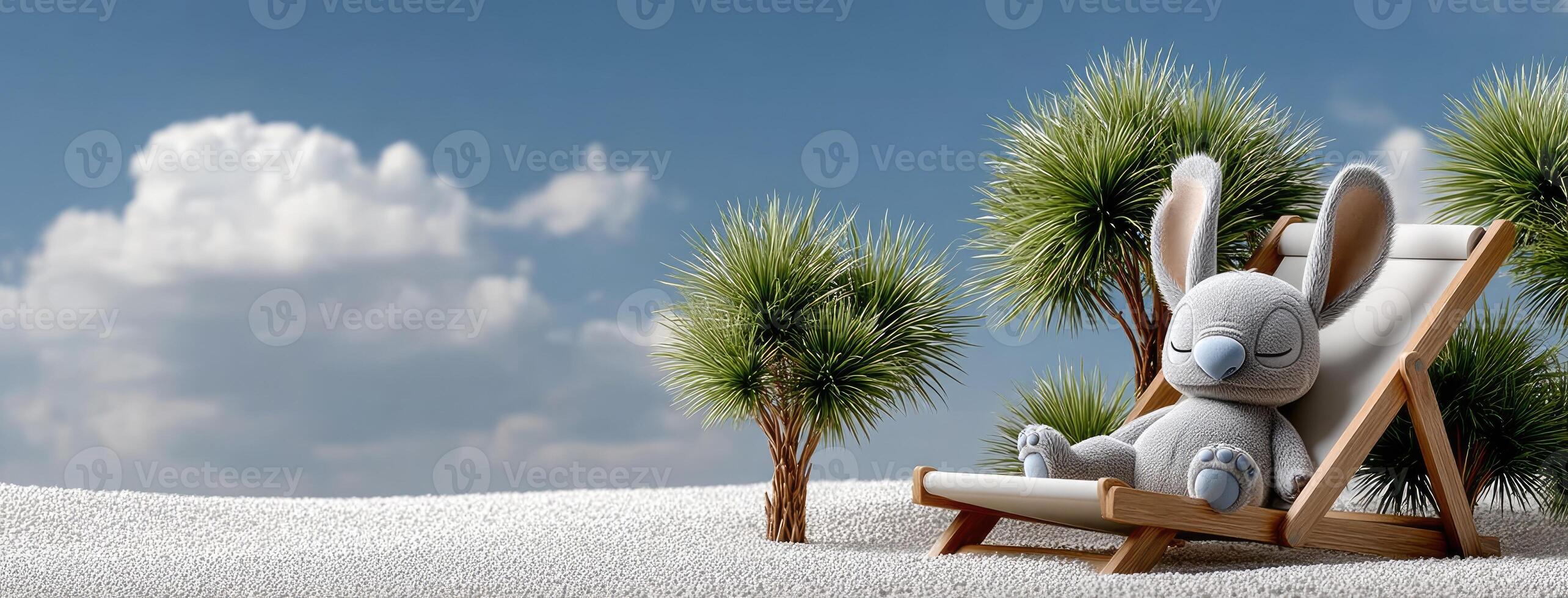 A stuffed bunny sitting in a chair on the beach photo