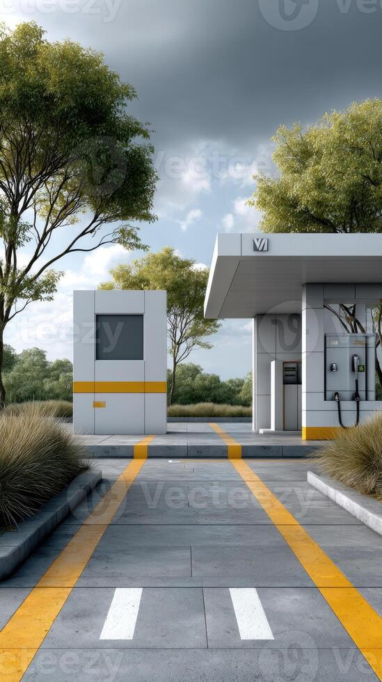 A gas station with a yellow stripe on the side photo