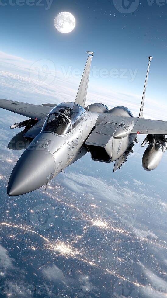 A fighter jet flying in the sky with a full moon photo