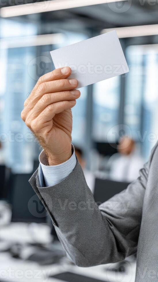 Businessman holding blank business card in office photo