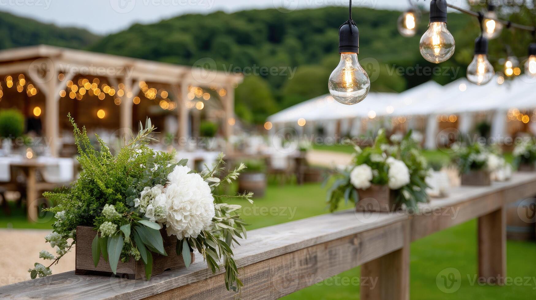 A wooden table with flowers and lights photo