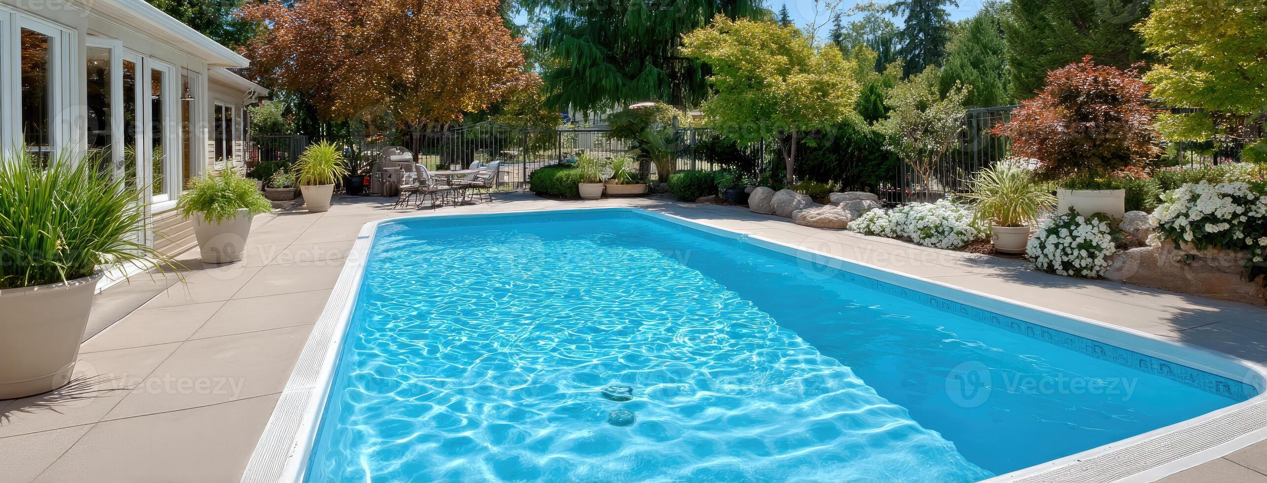 A swimming pool in a backyard with a patio photo