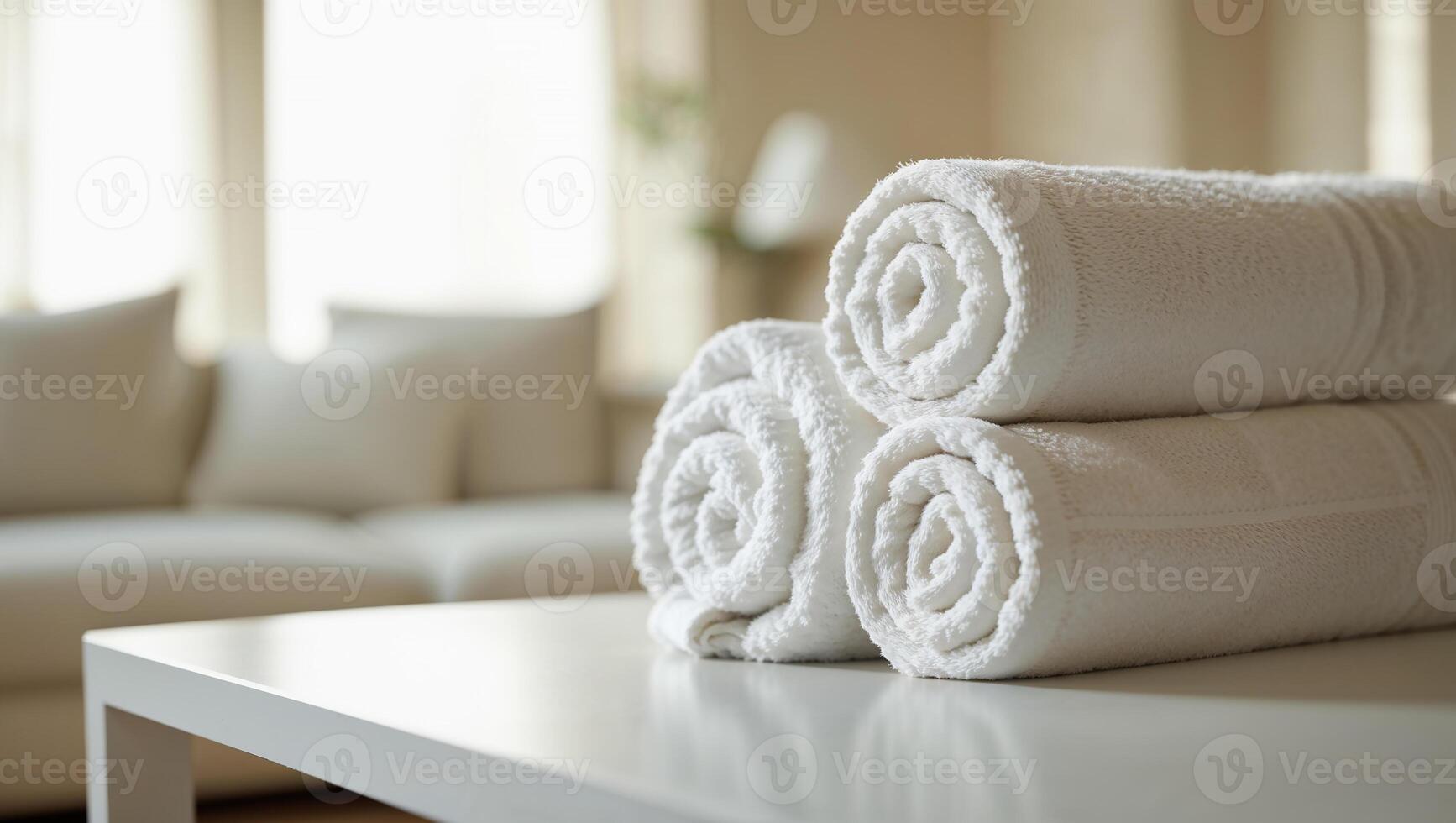 Stack of rolled white towels resting on table in hotel room photo