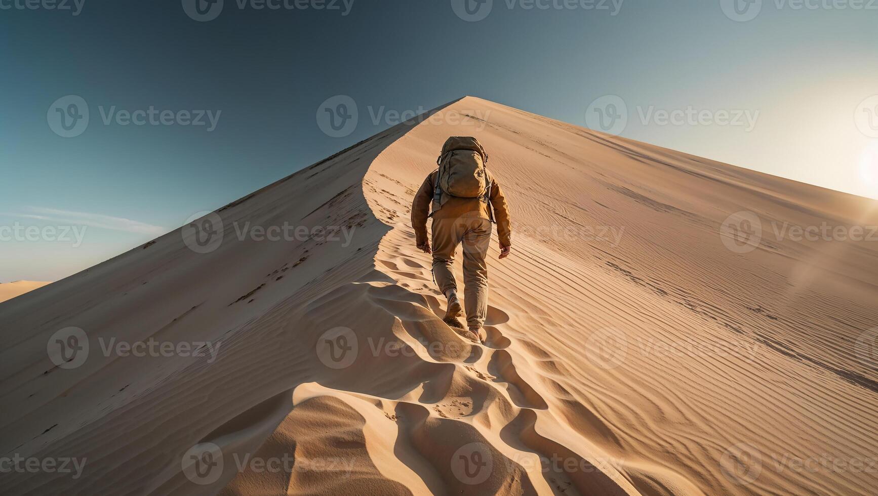 Backpacker walking up sand dune in desert landscape at sunset photo