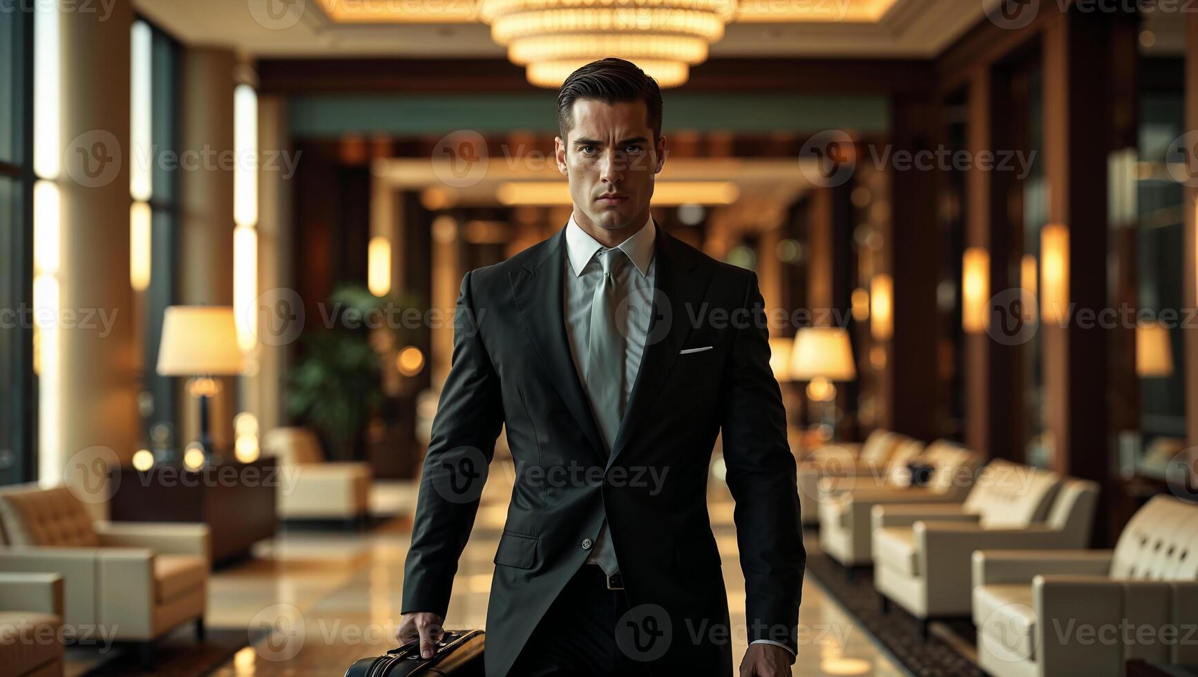 Businessman walking in hotel lobby holding briefcase photo