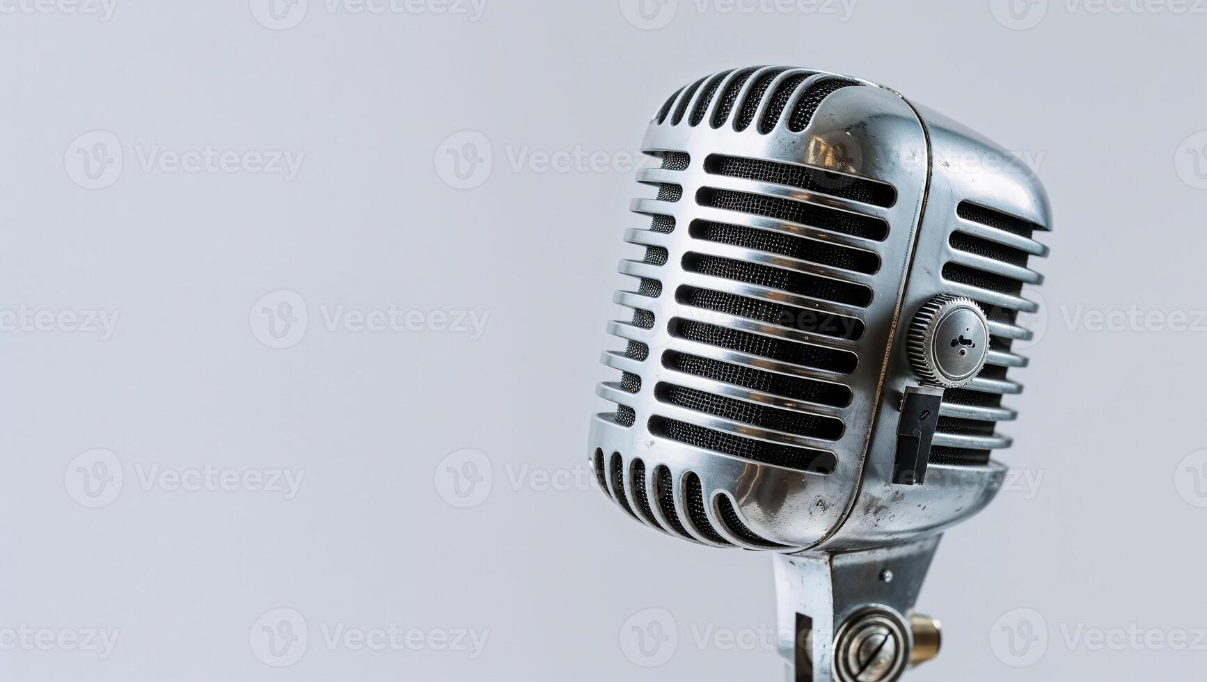 Vintage microphone broadcasting audio on neutral background photo