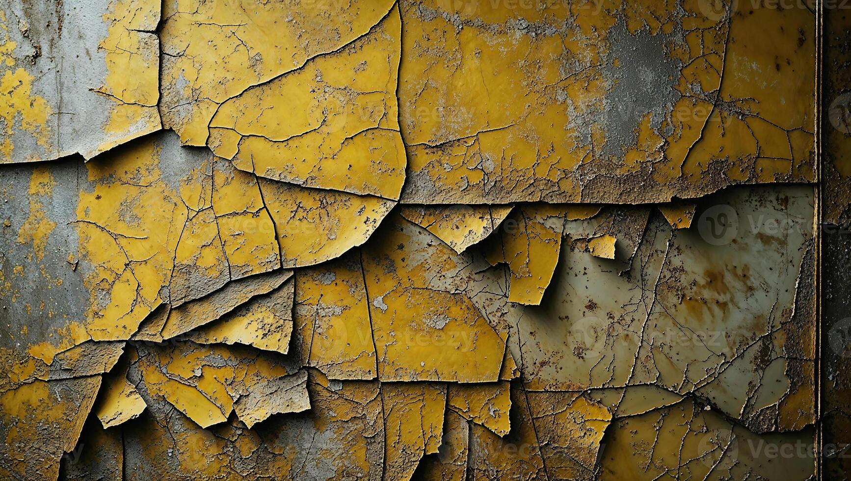 Cracked yellow paint peeling from decaying wall creating abstract pattern photo