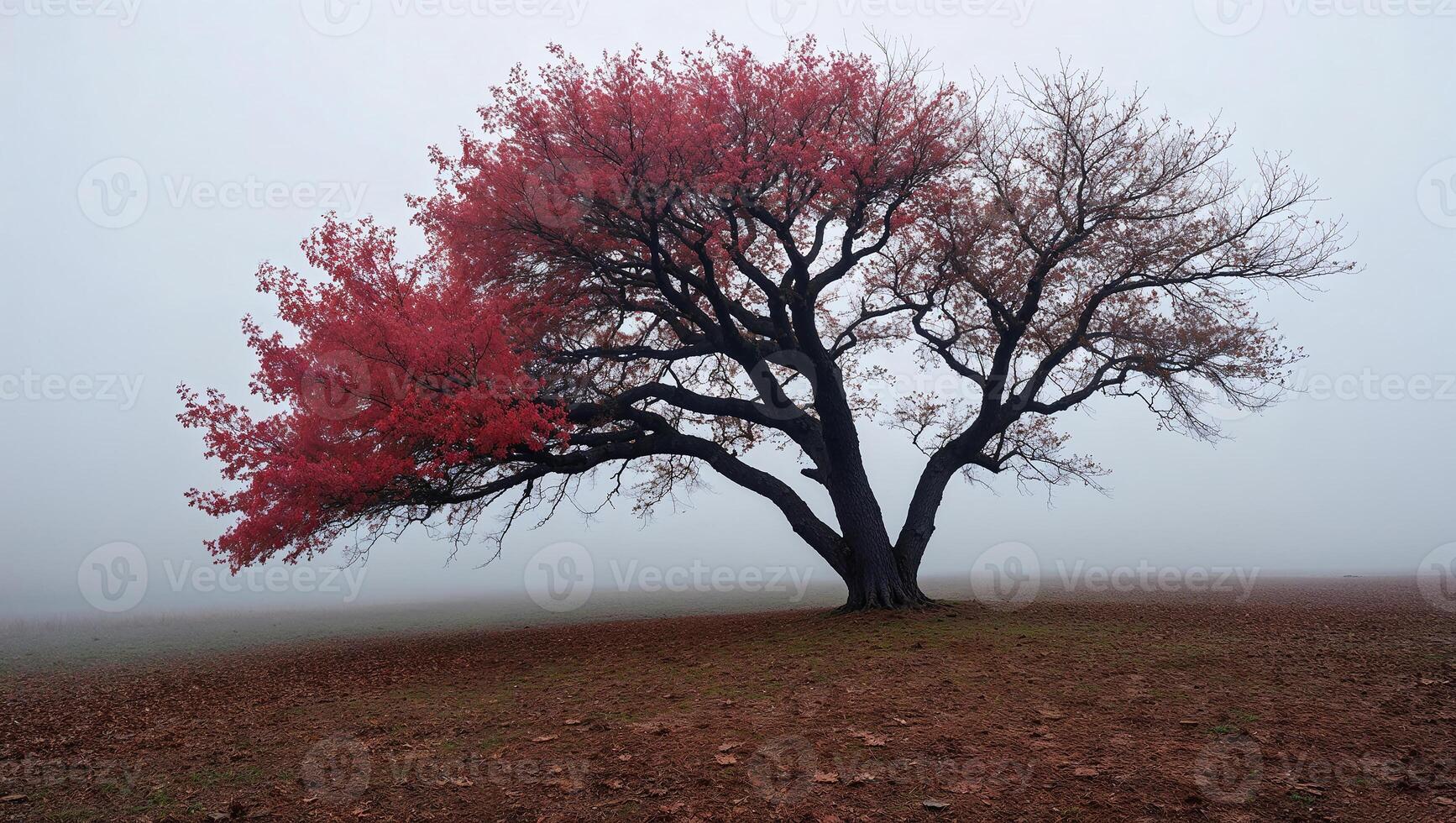 Lonely red tree standing in foggy field during autumn photo