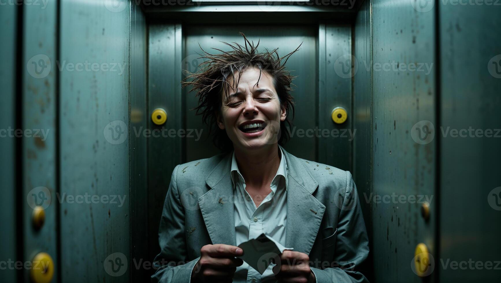 Businesswoman having a nervous breakdown in elevator, messy hair and torn document photo