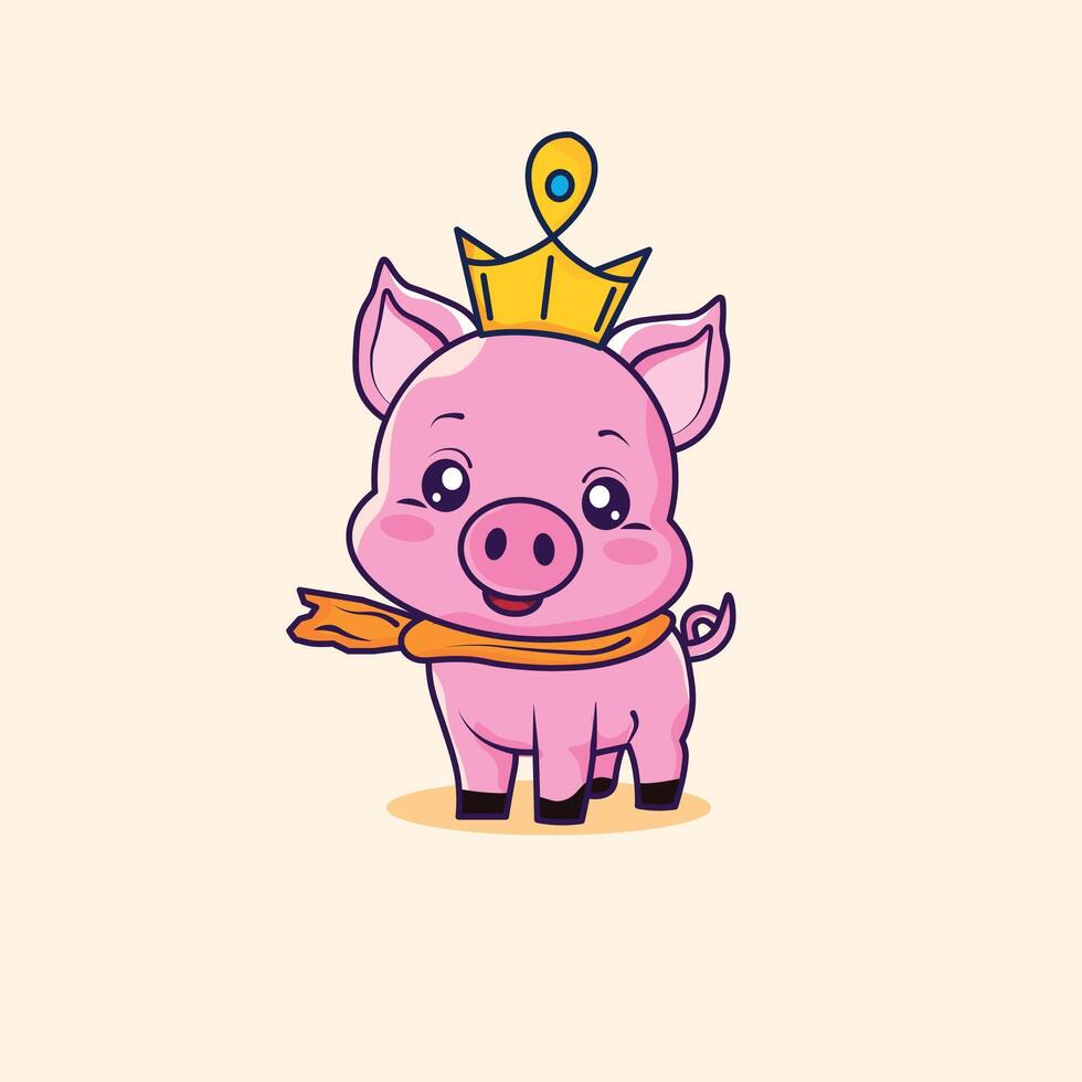 Cute baby pig king wears a scarf and crown. Cute piglet. vector