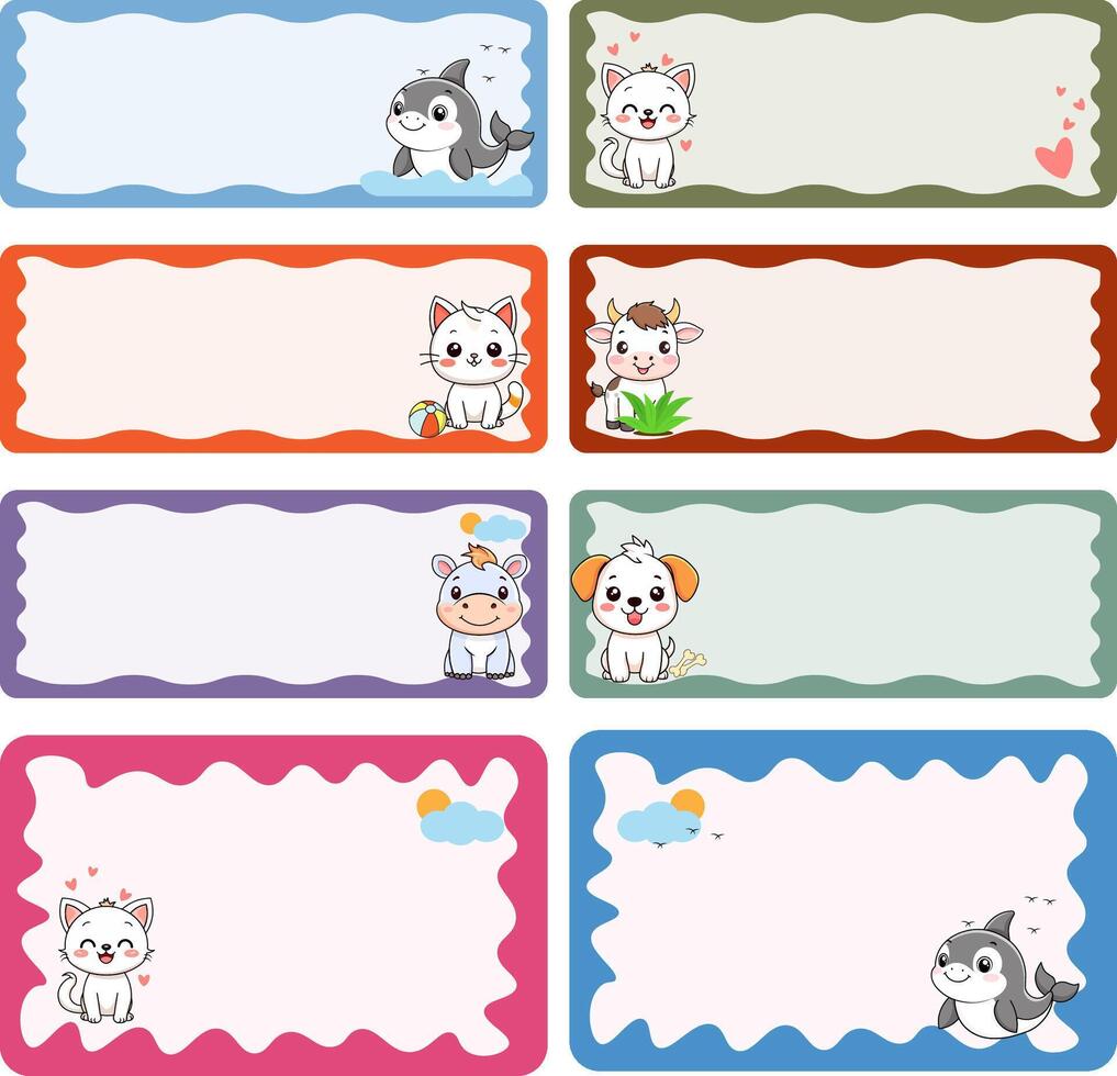 Set sticker for notebook. Back to school labels. Cute blank label stickers. Animal labels. vector