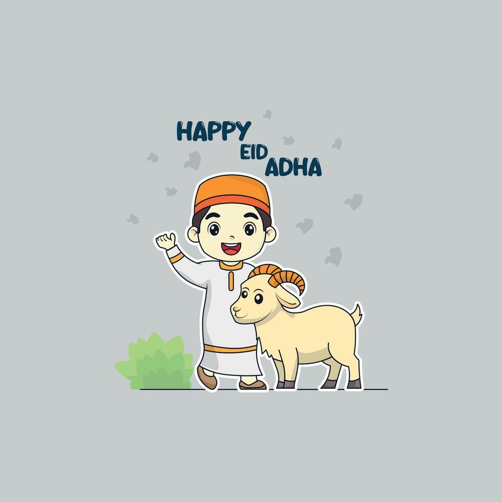 Happy Eid Al Adha. Boy and Goat Greeting Eid Al Adha. vector