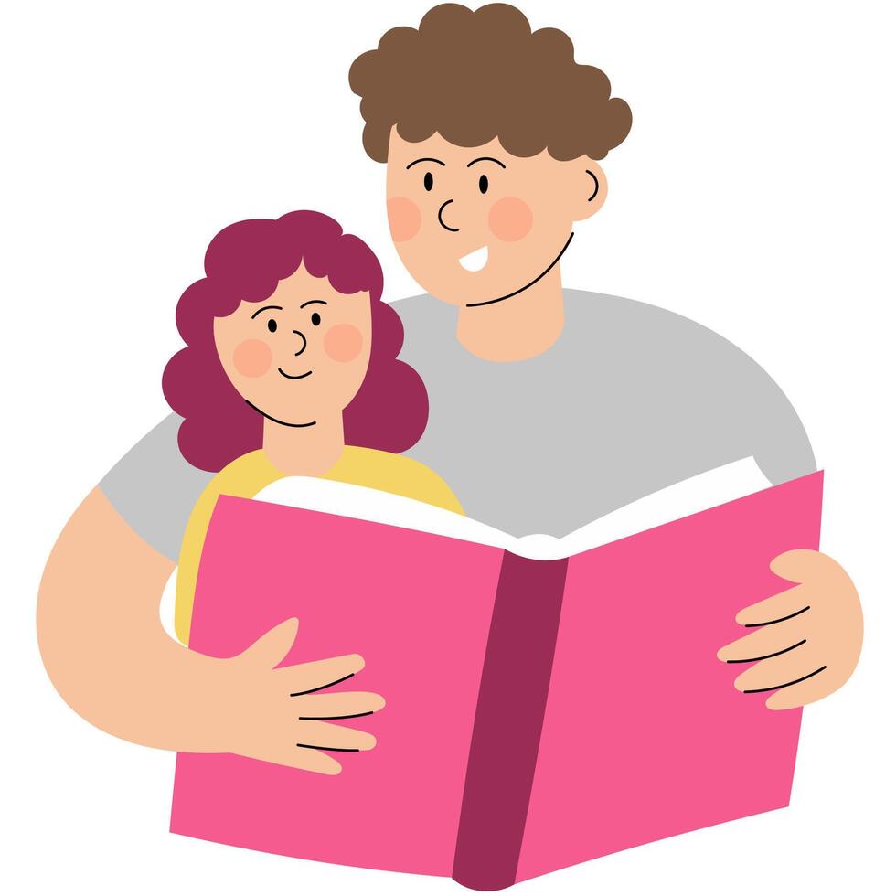Father and Daughter Reading Book Together. Father and daughter sharing a joyful moment while reading a large pink book together. vector