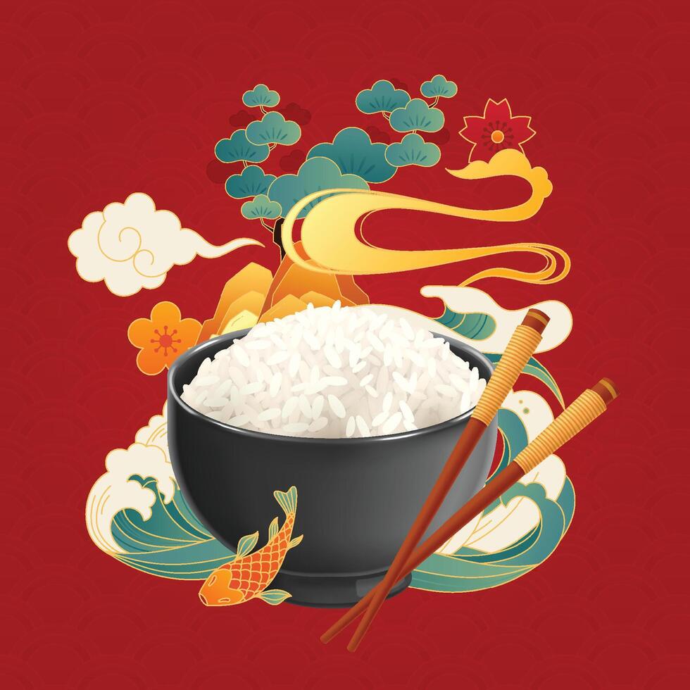 Red Asian Background with Rice vector
