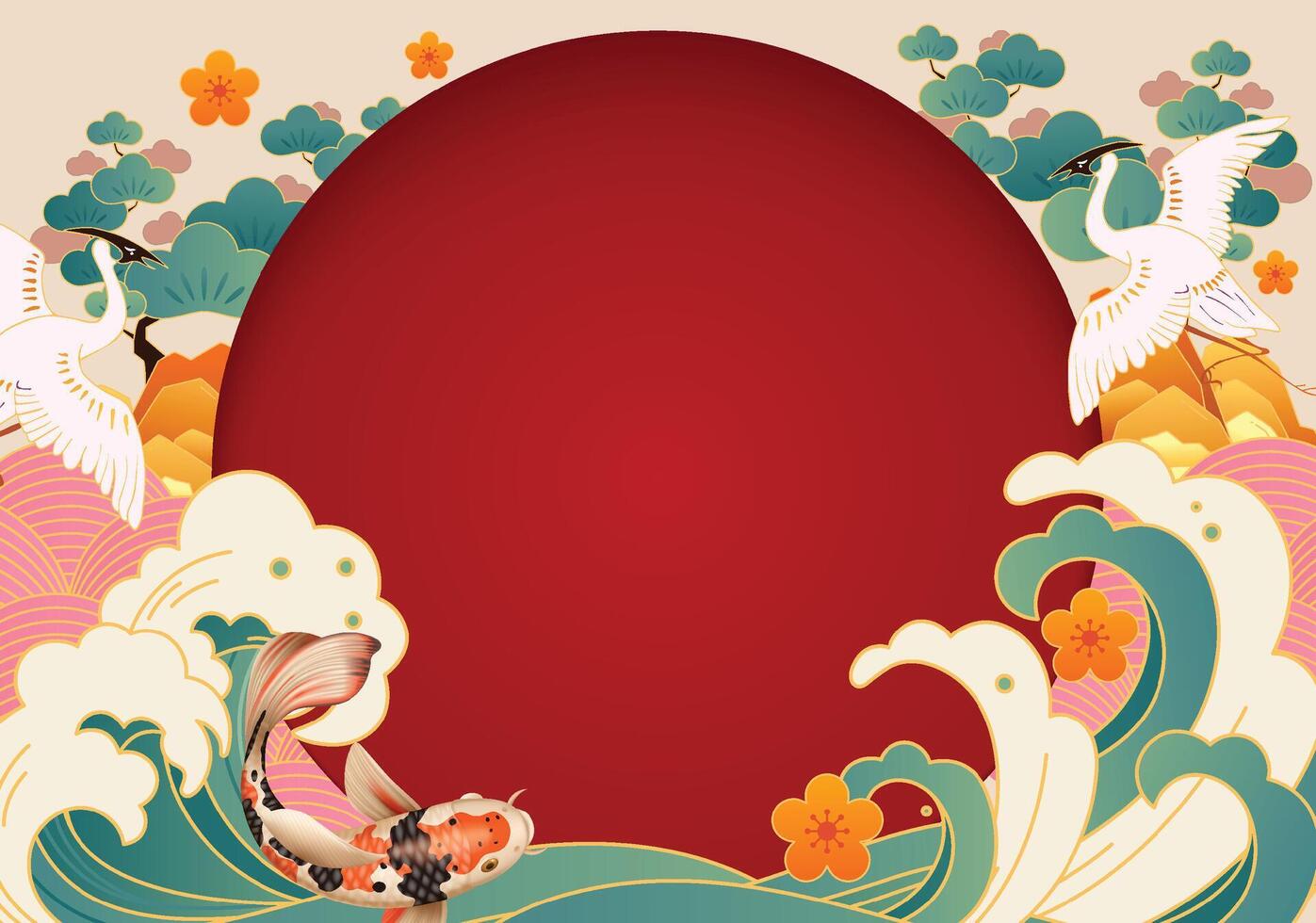 Asian Background with Sun and Waves vector