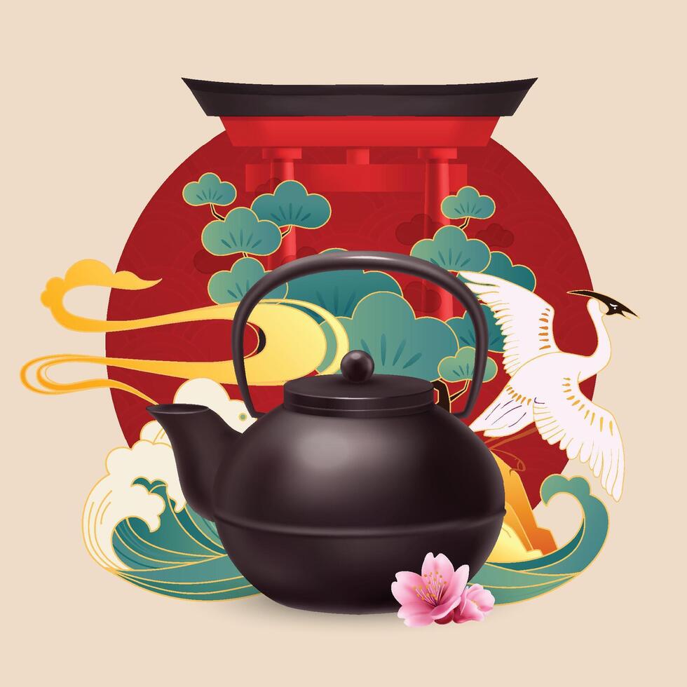 Asian Illustration with Pagoda and Teapot vector