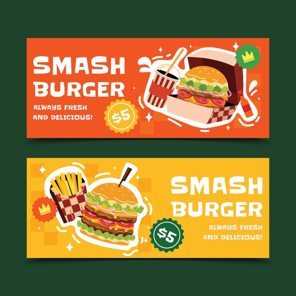 Smash burger Hand Drawn Flat Banner horizontal vector