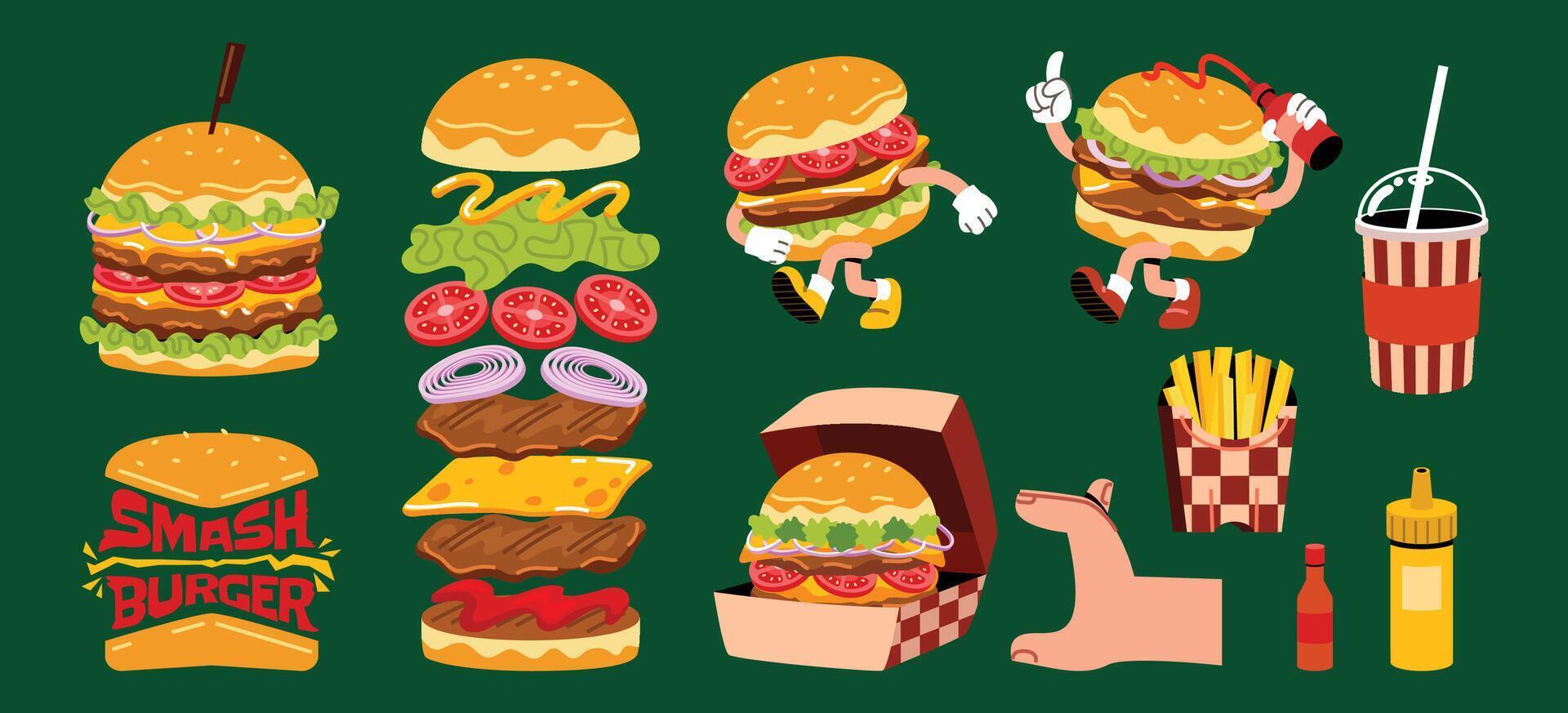 Hand Drawn Flat Smash burger Original Set vector