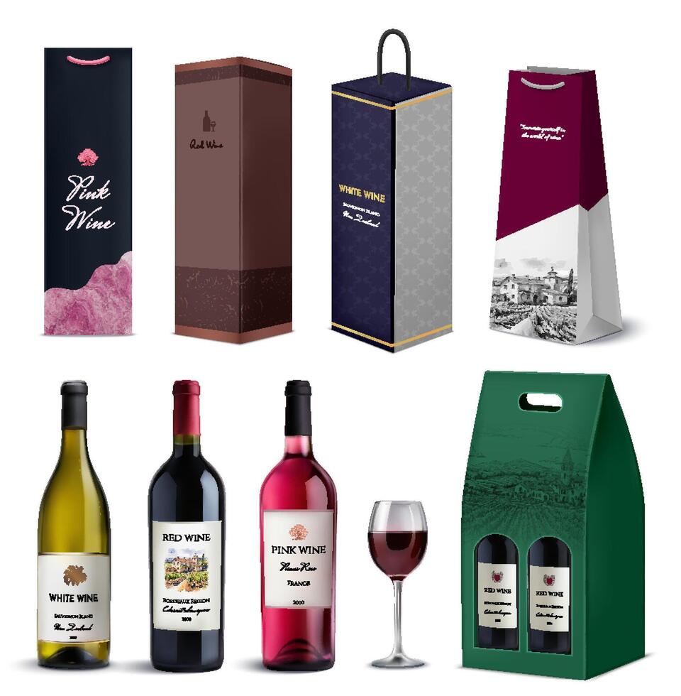 Realistic Wine Packing Product Collection vector