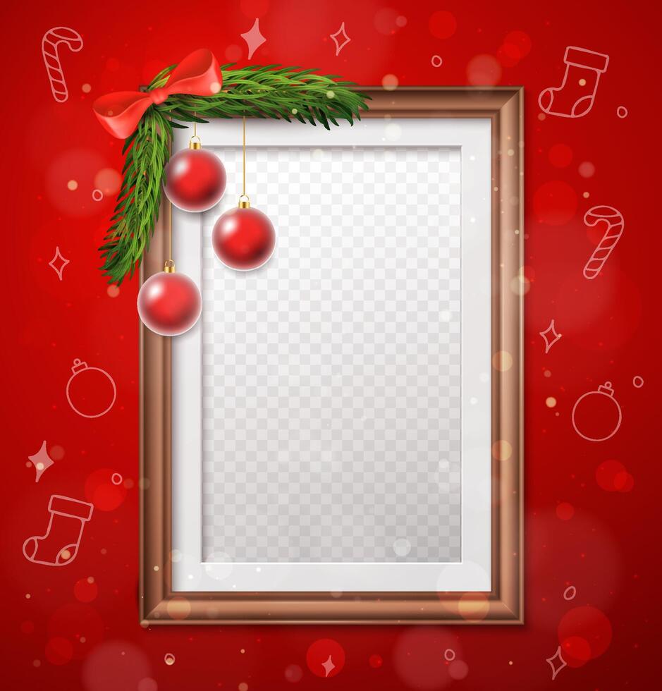 Realistic Christmas Photo Frame with Baubles vector