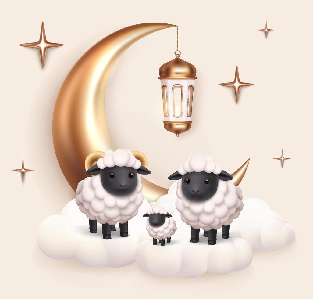 Realistic Eid al-adha Composition with Half Moon and Sheeps vector