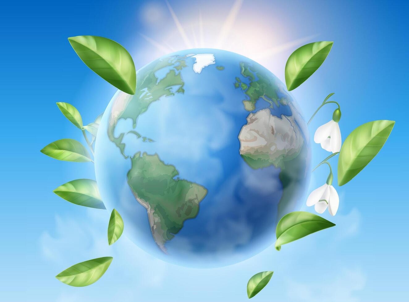 Eco-friendly Earth Globe with Green Leaves and Wind Turbines Background vector