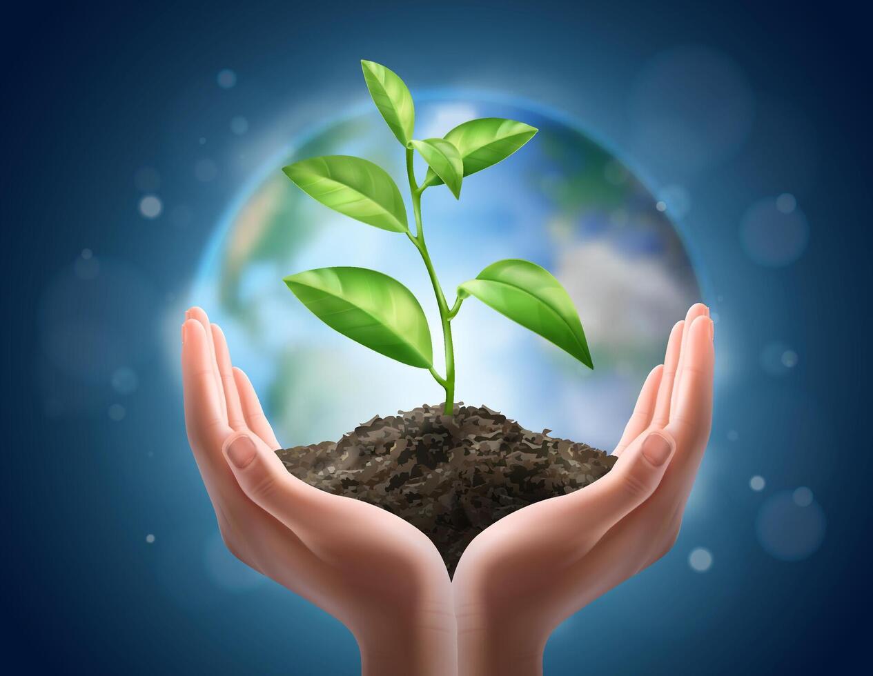Hand Holding a Young Plant Sprouting from Soil Background vector