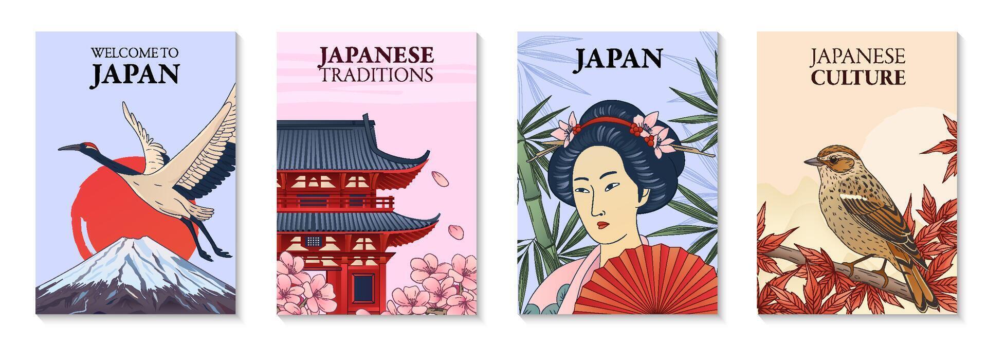 Vintage japanese Culture Vertical Banner Set vector