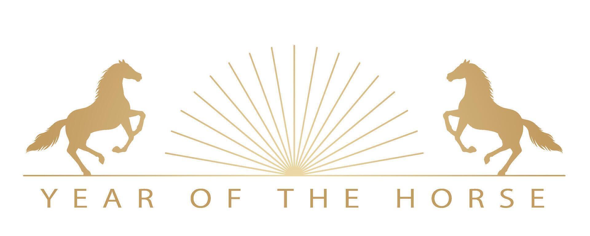 The Year Of The Horse Chinese Zodiac Symbol With Prancing Horses And Sunrise Isolated On A White Background. vector