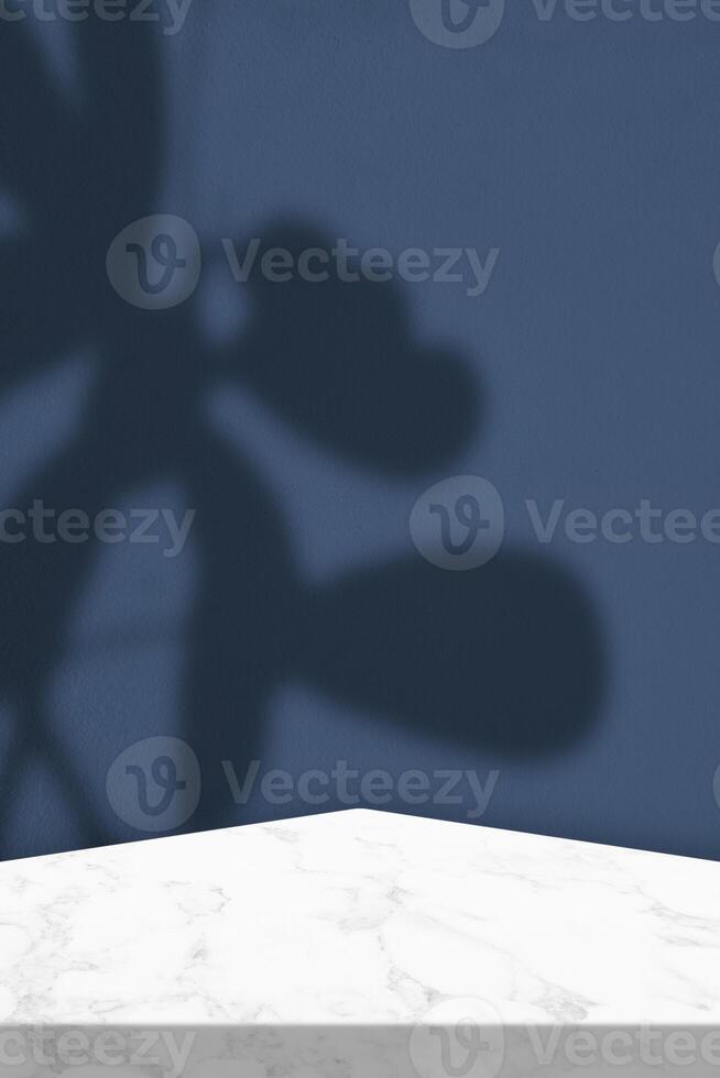 Marble Table with Leaves Shadow on Light Blue Wall in Vertical Background photo