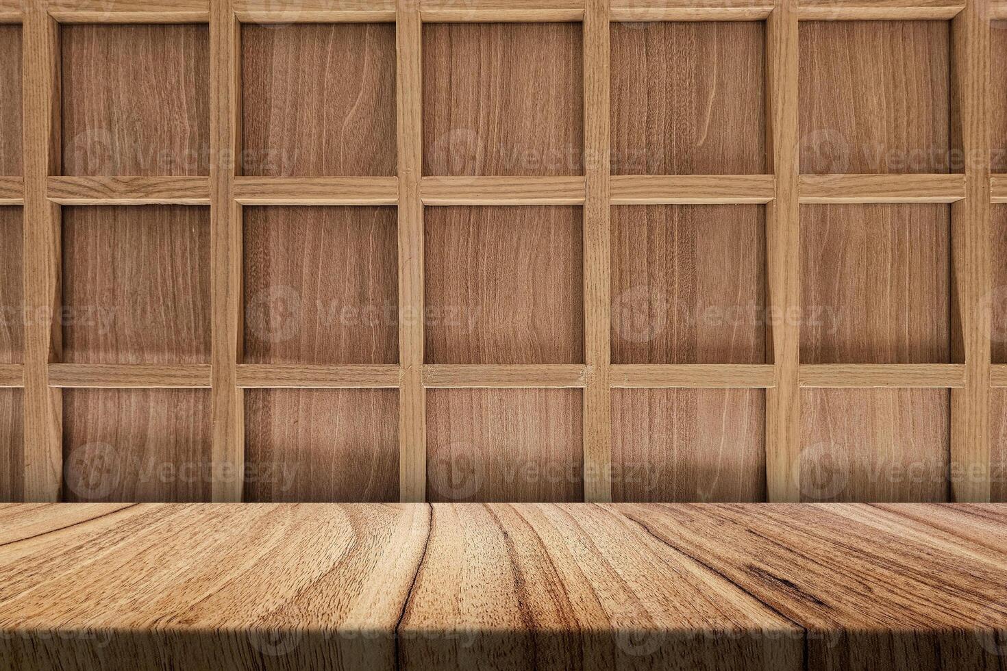 Table in Japandi Style and Glass Wall Background photo