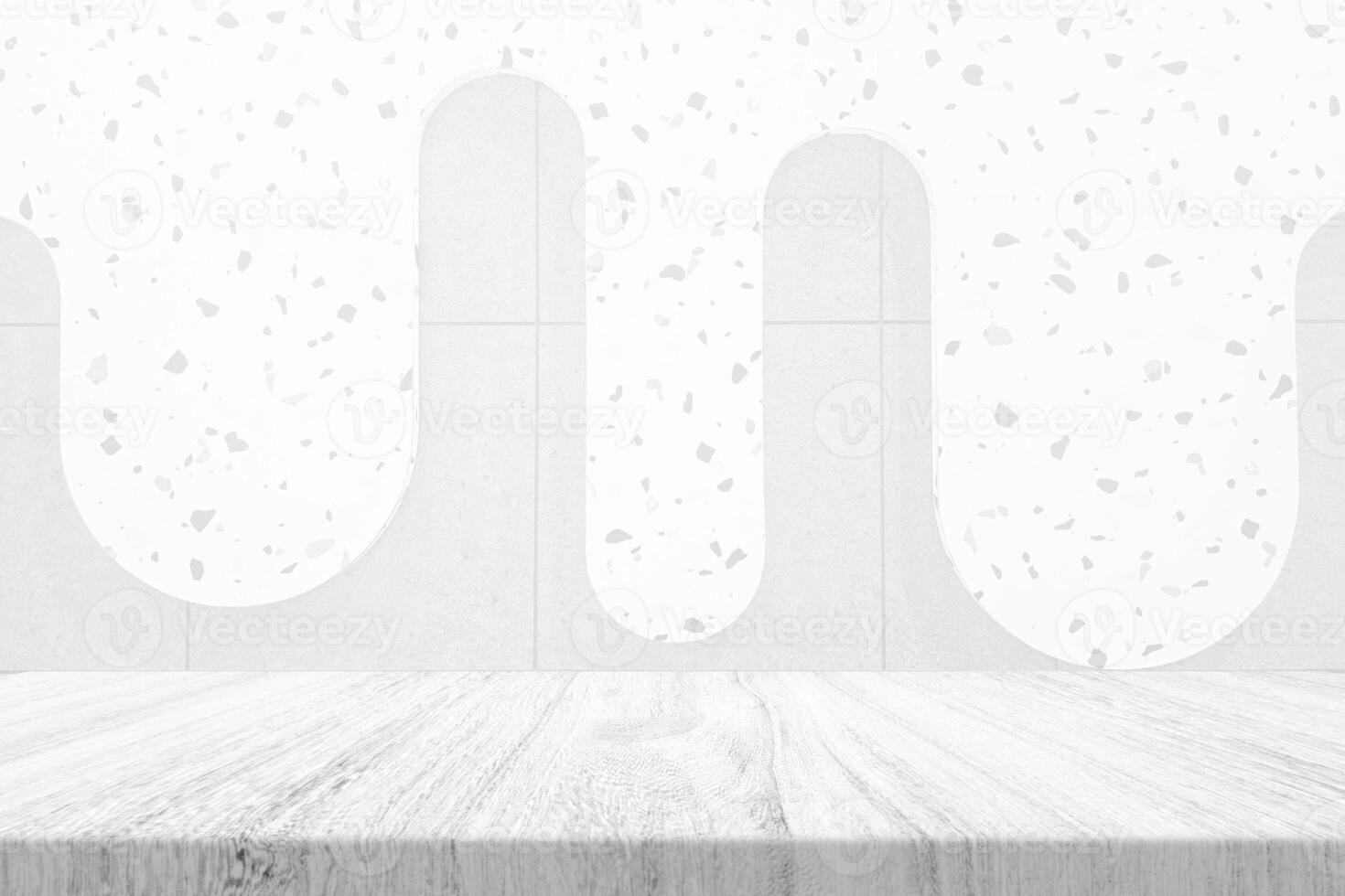 Empty Table with White Terrazzo Tile Wall in Show Shape Background photo