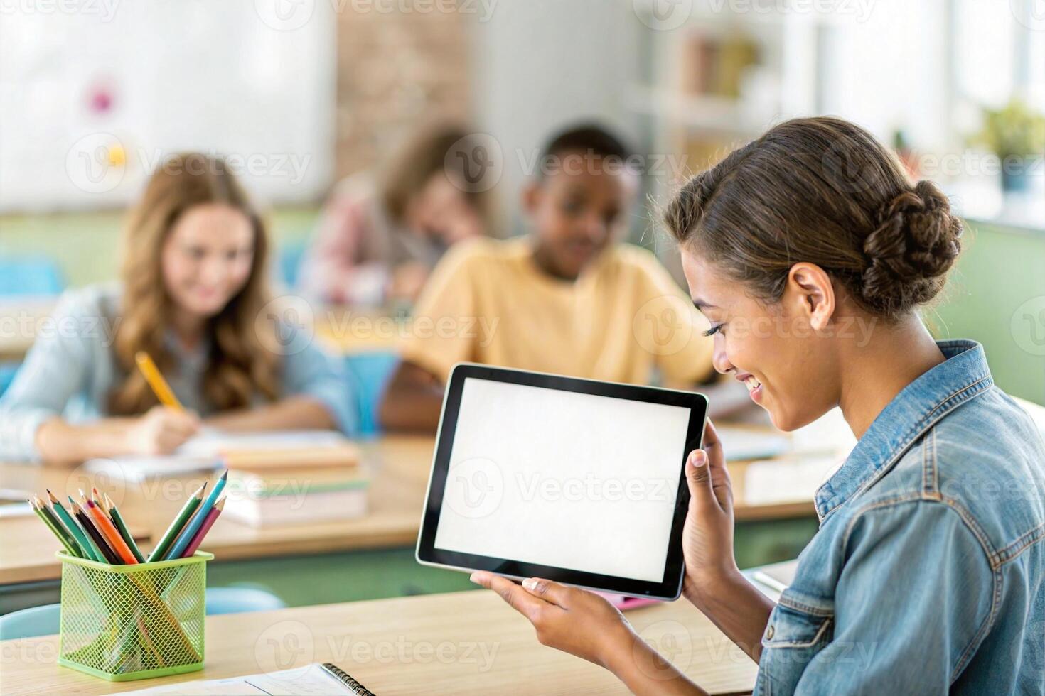 Educational App Tablet Mock-Up in Classroom Scene photo